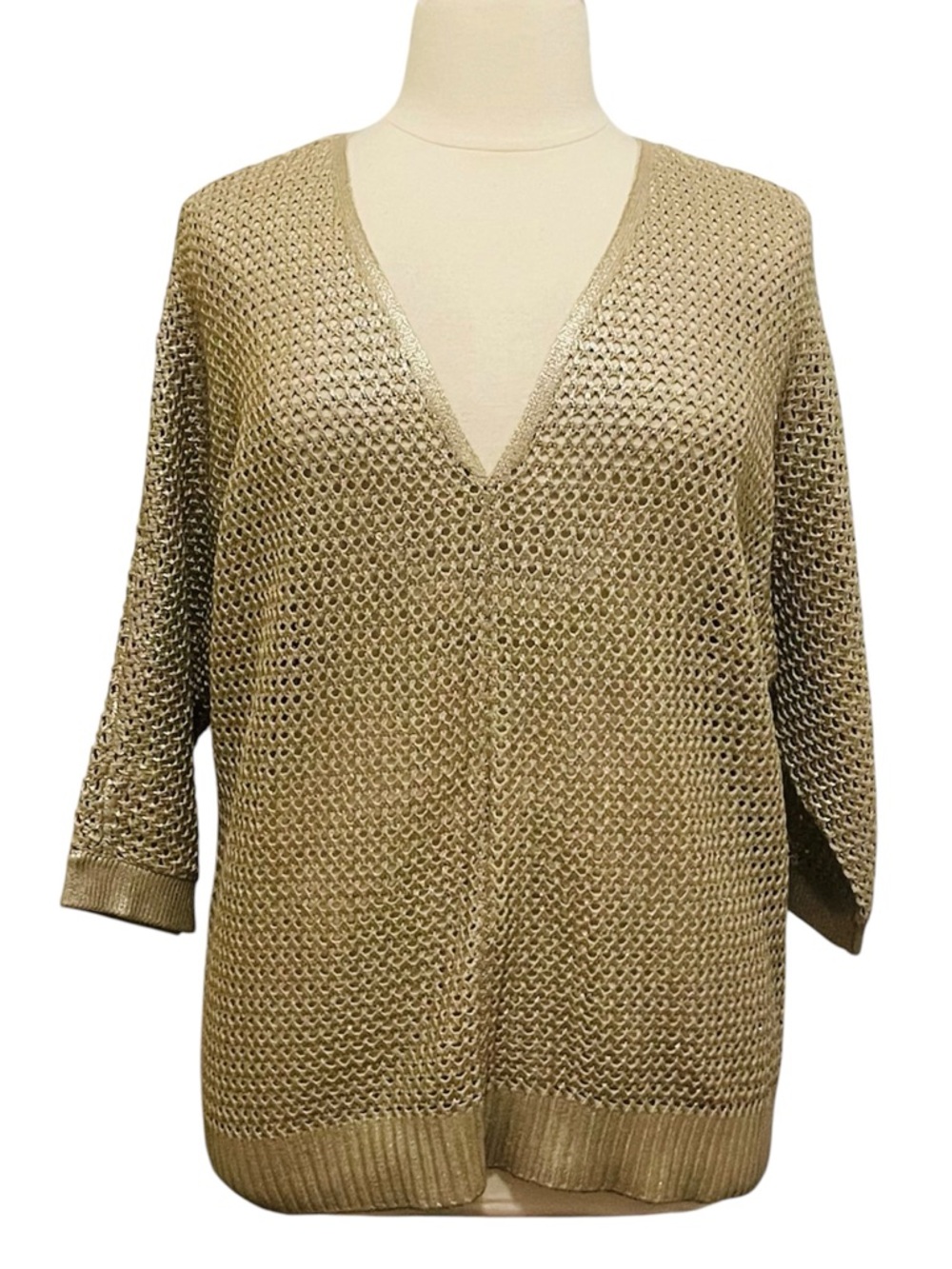 Chico's Open-Knit V-Neck Sweater - Metallic Gold Sz 3/ XL